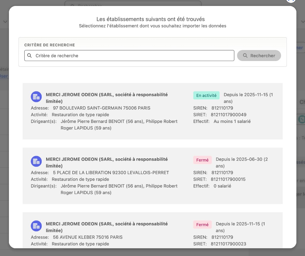 FirmSnap dans Salesforce : résultats de recherche Pappers d’établissements français (SIRET, adresse, dirigeants)